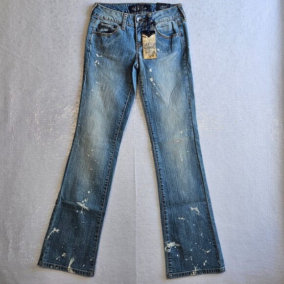 Hint Jeans Women Sz 1 Blue Boot Cut Bleach Splatter Look Y2K Festival Hippie New - Picture 1 of 16